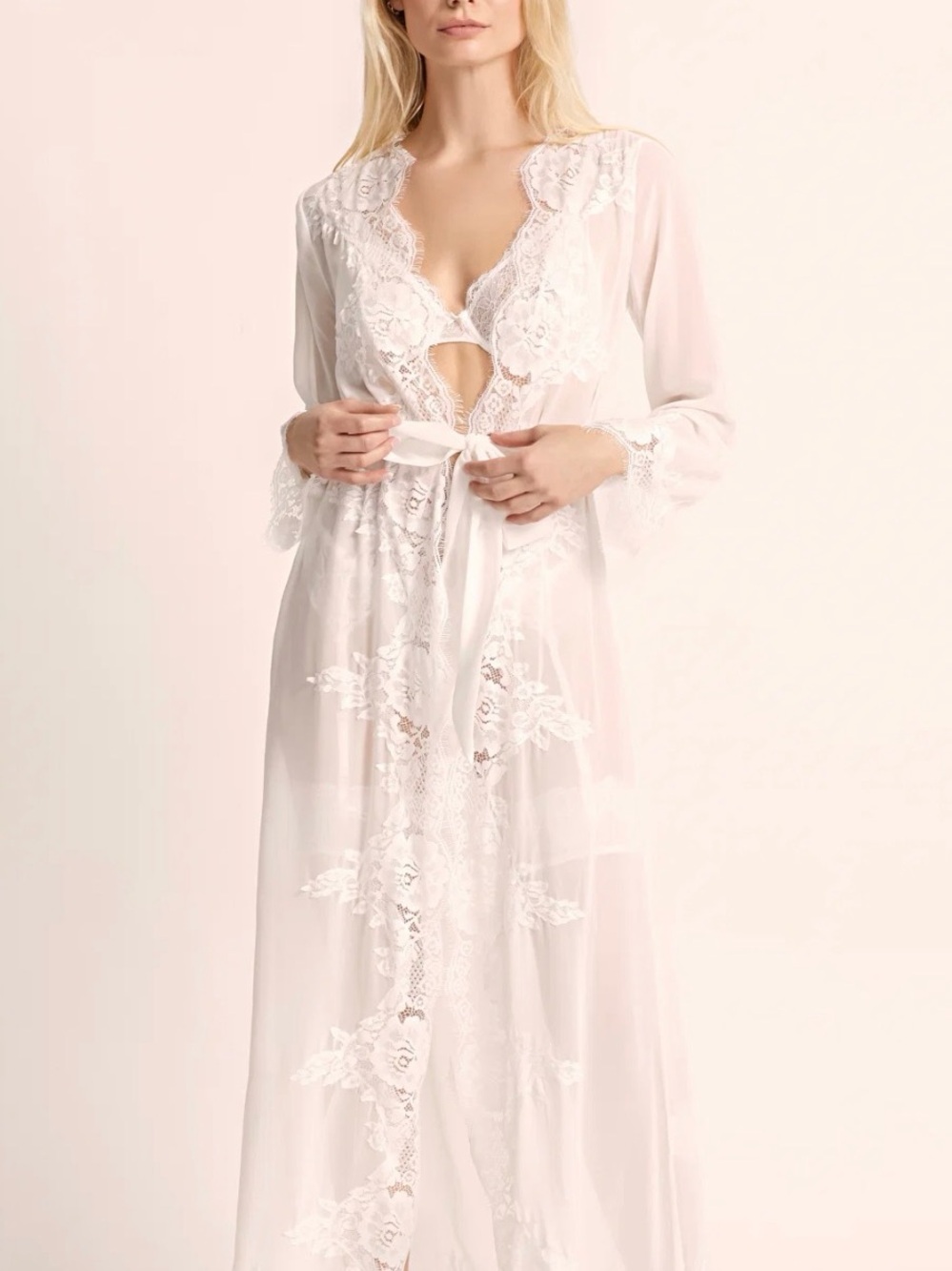 Homebodii Helene Lace Long Robe in White